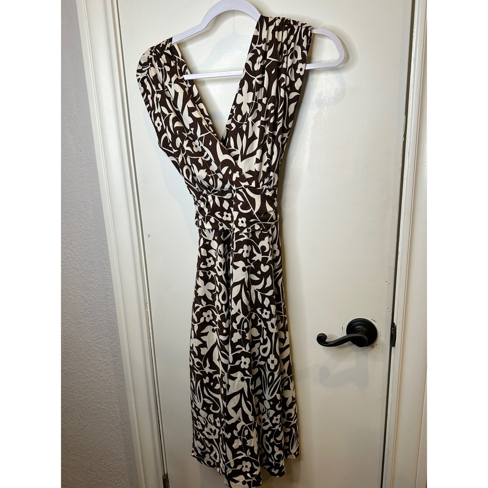 Roulette Womens Brown Cream Floral Leaf Print V-Neck Wrap Tie Midi Dress Small